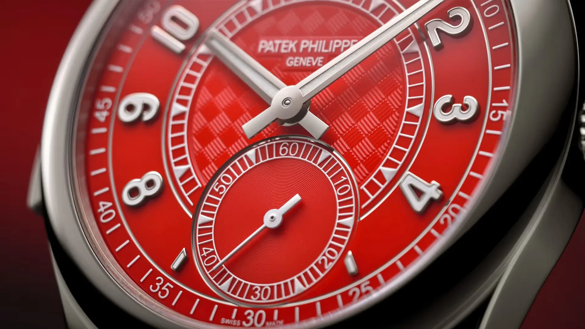 Detail des roten Zifferblatts der Patek Philippe Ref. 7047G-010