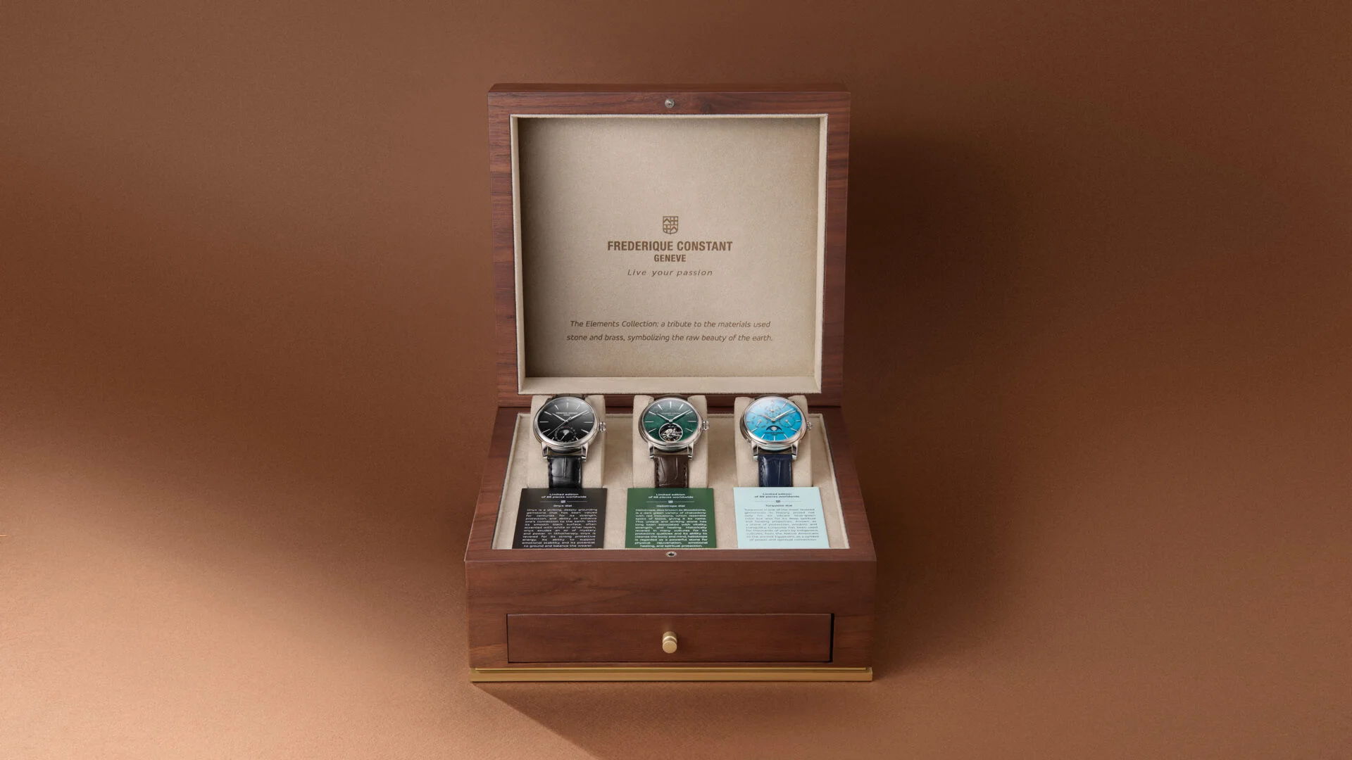 Frédérique Constant Elements Collection 2026 mit drei Uhren in einer Präsentationsbox